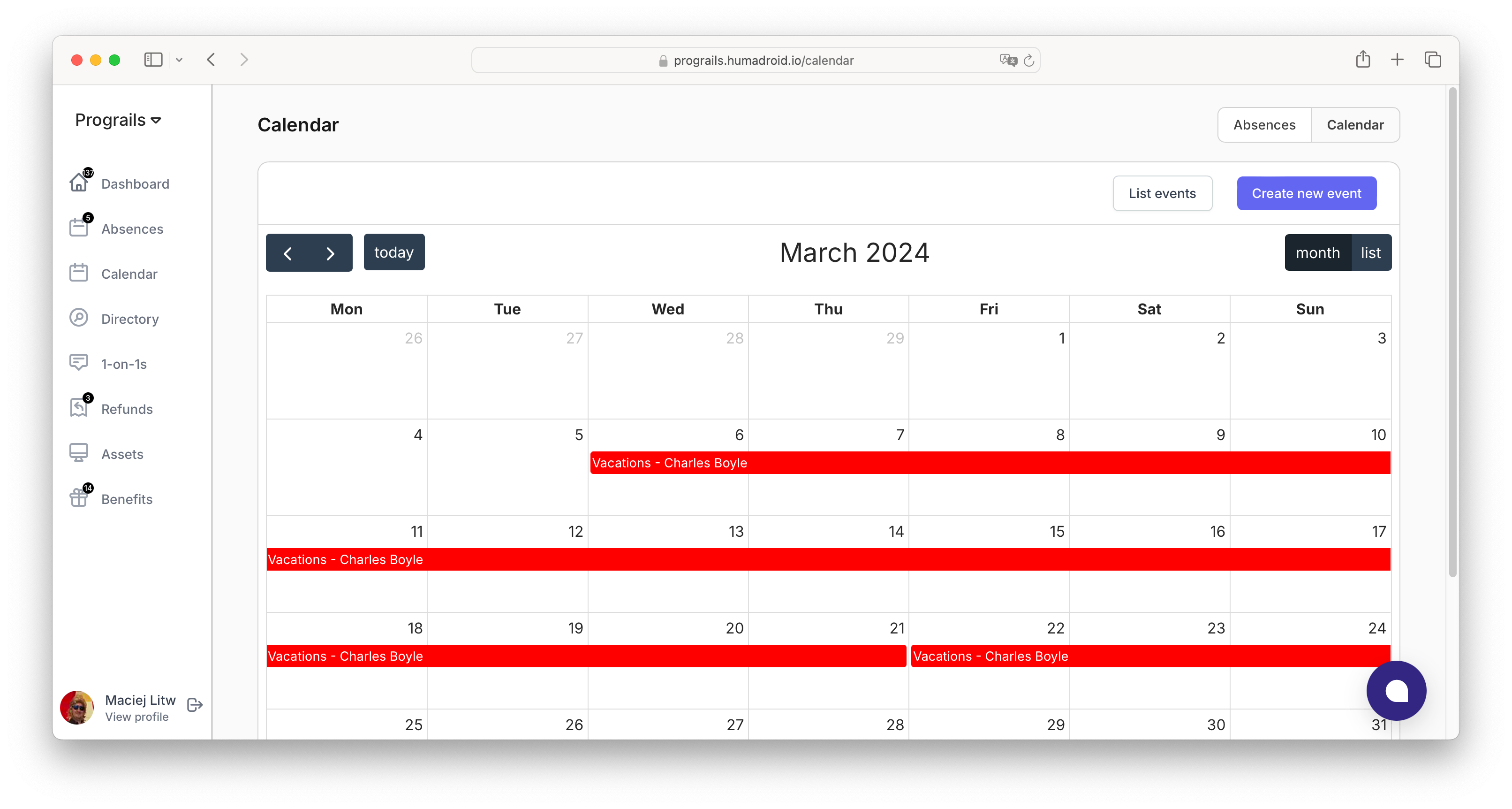 Absence calendar integration with external tools, showing export options for syncing company leave with external calendars.