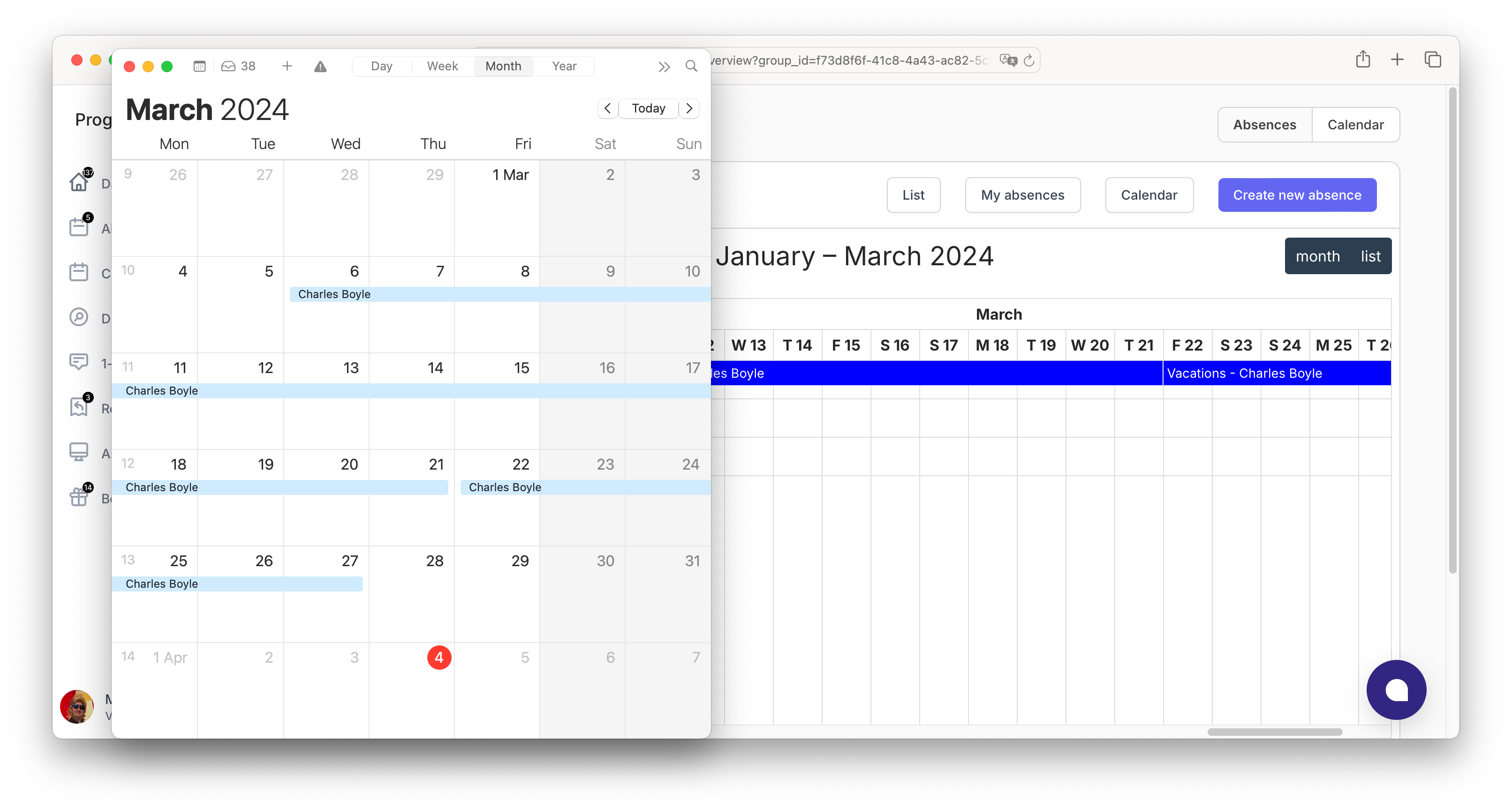 Absence list displaying employee names leave types, dates, and approval statuses for tracking time off requests.