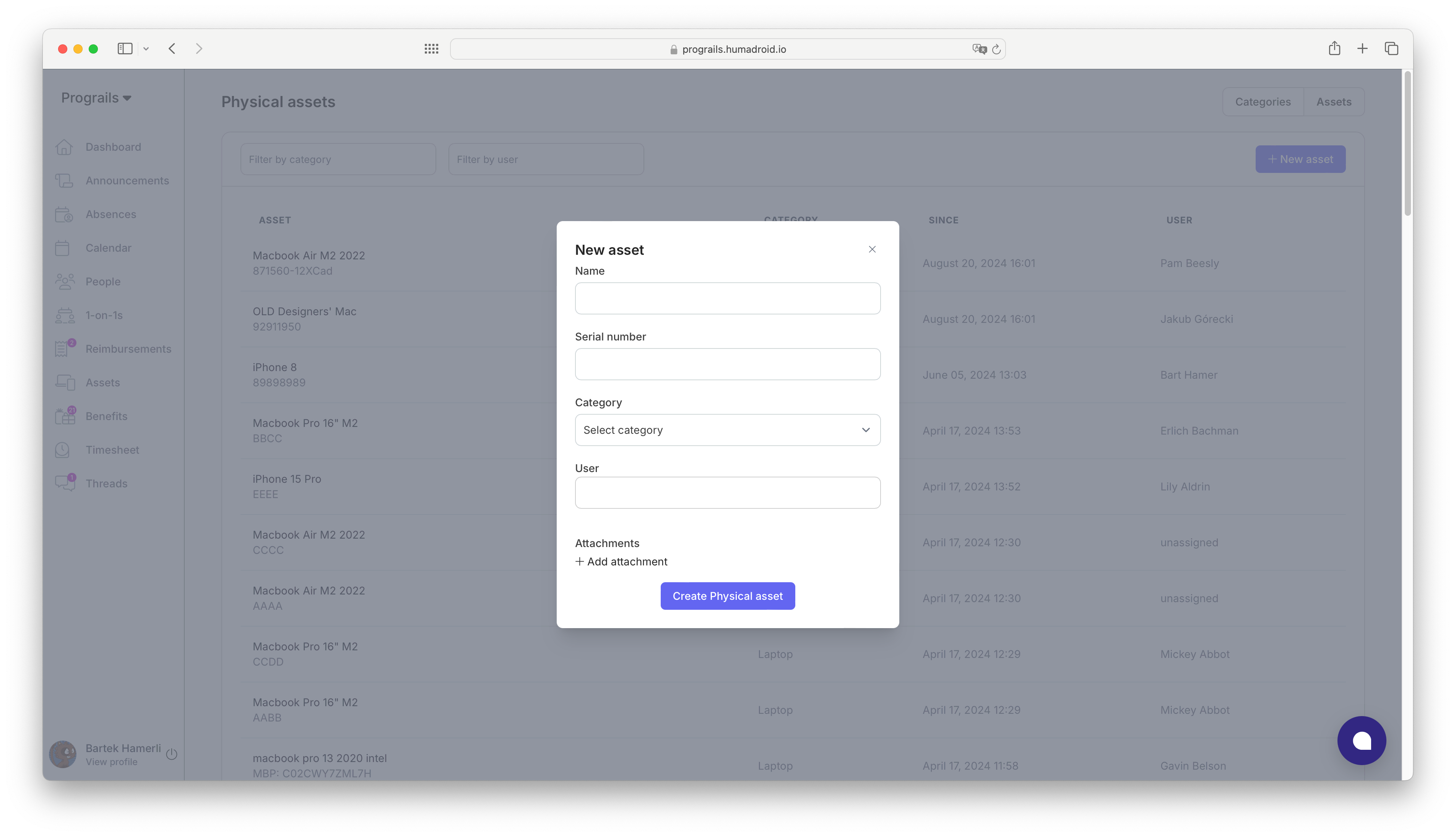 Effortless asset addition form allowing users to input new assets with fields for category, details, and ownership assignment