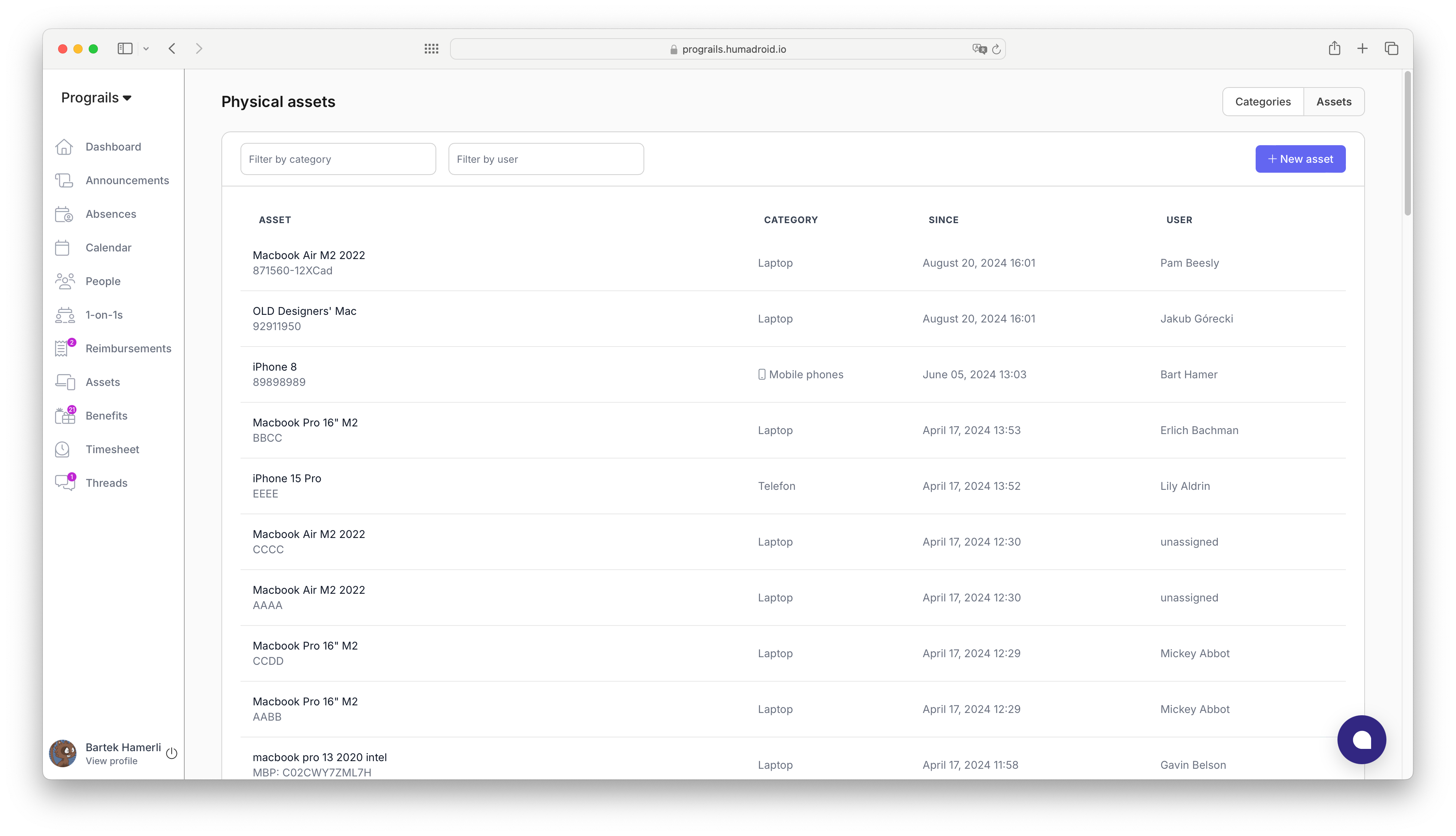 Assets list displaying company equipment with columns for item names, categories, assigned users, and asset status.